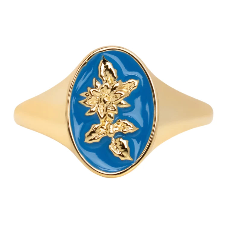 Enamel Birth Flower Signet Ring