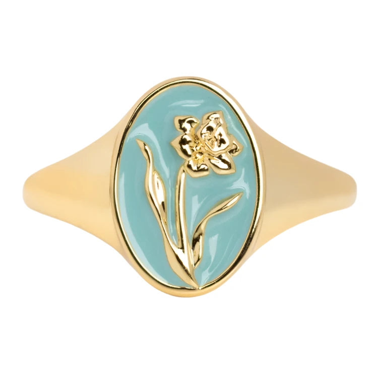 Enamel Birth Flower Signet Ring